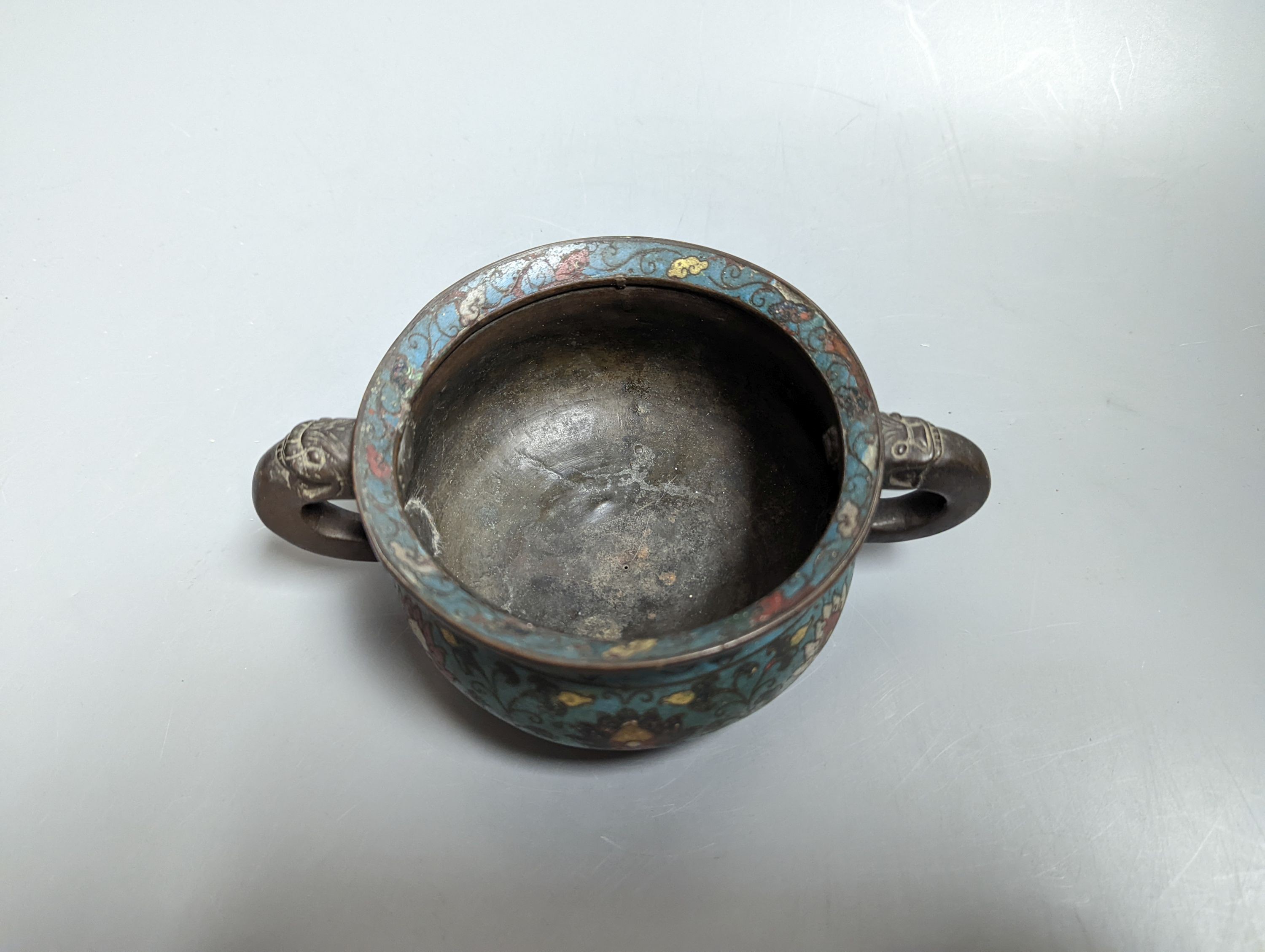 A Chinese late Ming dynasty bronze and cloisonné enamel ding censer 18cm